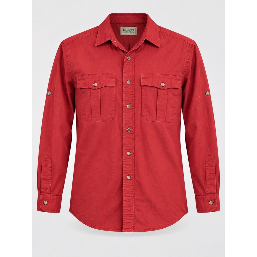 L.L. Bean Mens L Red Field Shirt Made USA Cotton Roll Tab Long Sleeve